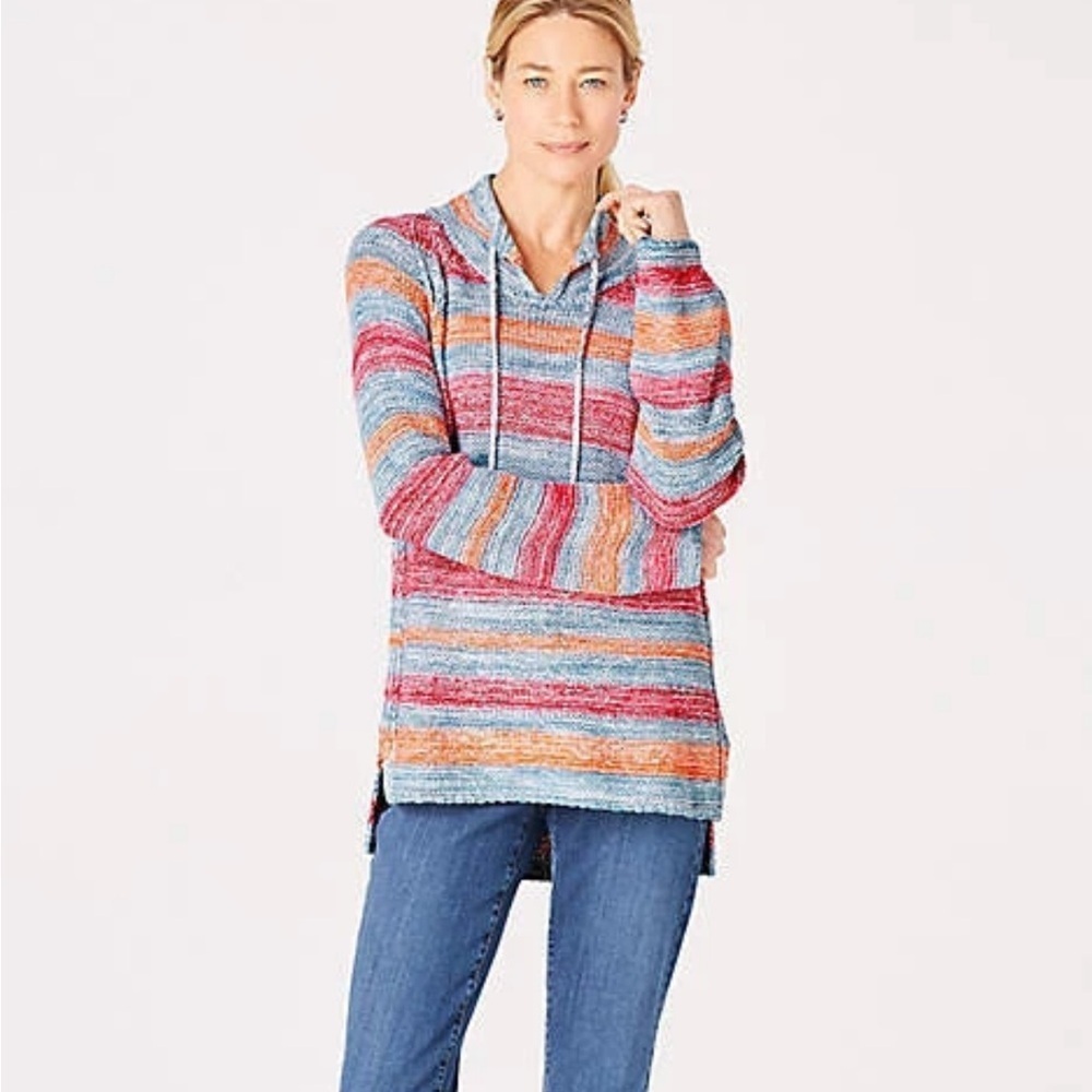 J. Jill Striped Tunic Sweater Linen Cotton Knit Beachy Casual Blue Size Large
